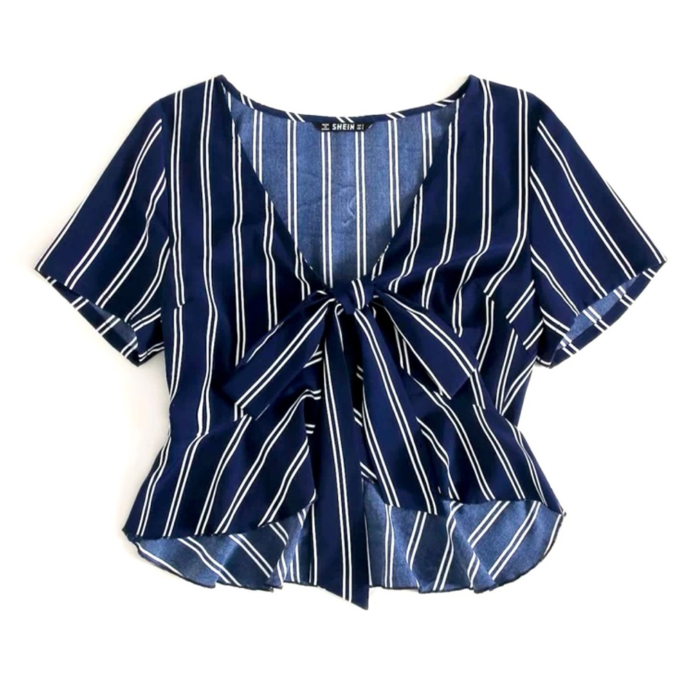 SHEIN Plus Tie Front Striped Peplum Top